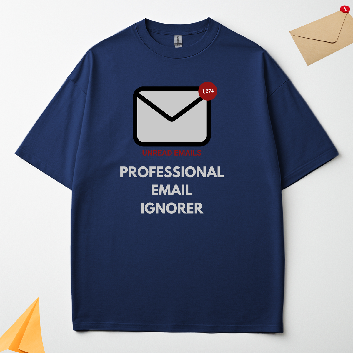 Professional Email Ignorer navy blue oversized t-shirt flat lay showing the graphic design