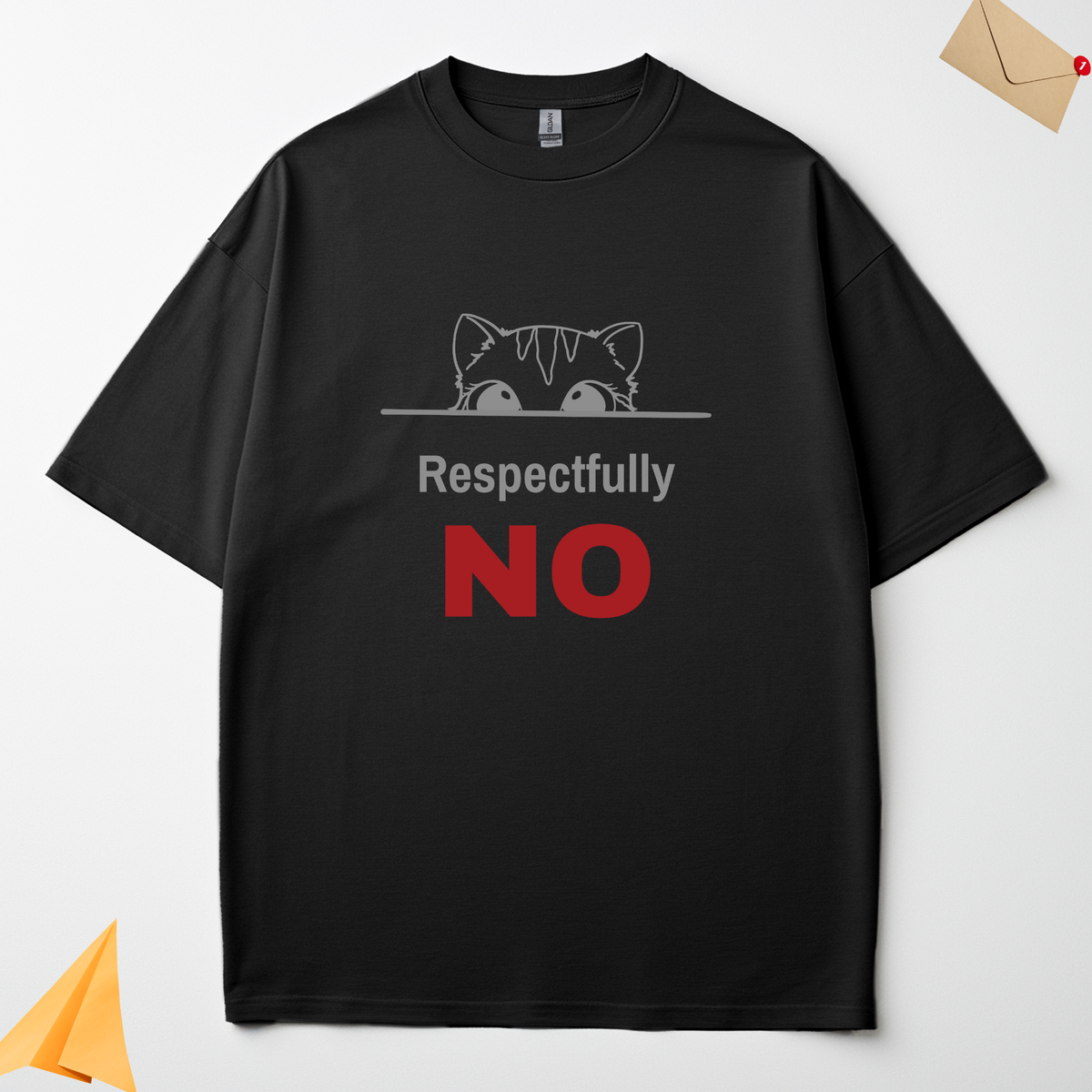 Respectfully No black oversized t-shirt flat lay showing the graphic design