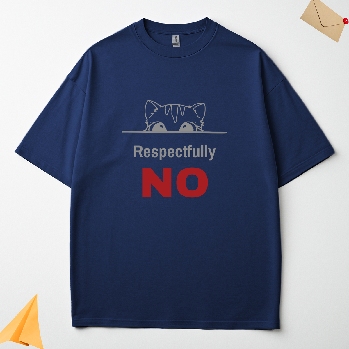 Respectfully No navy blue oversized t-shirt flat lay showing the graphic design